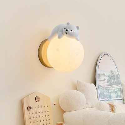 壁燈原木奶油風可愛卡通星球動物臥室床頭燈現代簡約兒童房間燈~麗芙小屋