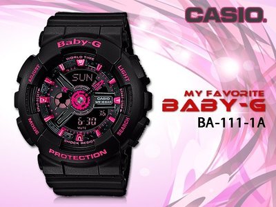 CASIO 時計屋 卡西歐手錶 BABYG BA-111-1A 黑框桃紅 防水100米 LED照明 BA-111