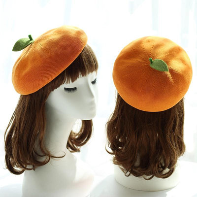貓小姐Rose~春夏透氣葉貝雷帽日式柔軟女孩可愛帽子女水果桃橙色畫家帽子