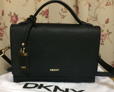 正品真品 DKNY 真皮 防刮牛皮 公事包 斜背包 手提包 黑色 金色 兩用包包