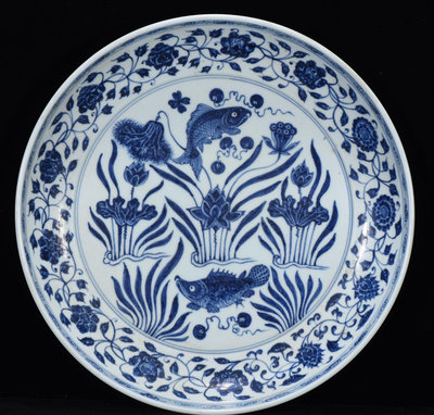 中國古瓷 明宣德年青花魚藻紋盤6*40m7000RT-7732