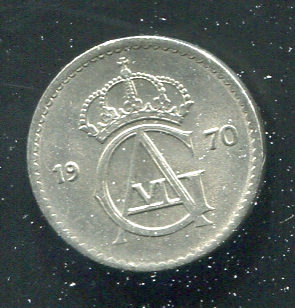 【錢幣】SWEDEN(瑞典),10 ORE,K835,1970 #206907 ,品相9新AU
