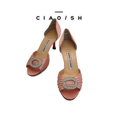 CIAO/SH 名牌精品店 MANOLO BLAHNIK粉色細褶橢圓水鑽銀飾細跟魚口鞋