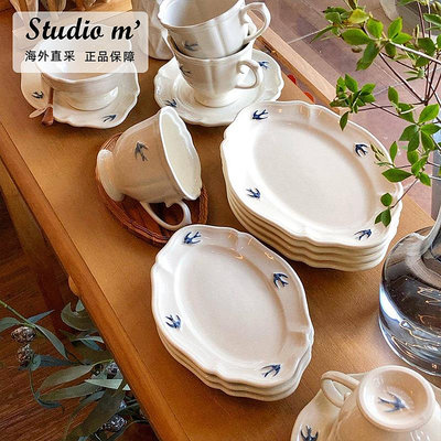 日本Studio M人氣燕子陶瓷餐具日式復古浮雕花邊甜品碗餐盤菜盤