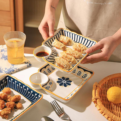 舍里餃子盤子帶醋碟碗蝦盤家用兒童早餐盤高級感好看吃水餃專用盤
