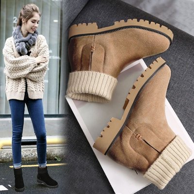 長靴 冬季新款女棉靴 毛線筒真皮雪地靴 厚底平跟馬丁靴 短靴子 大碼