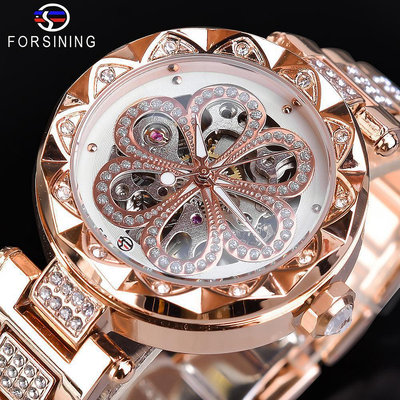 新款手錶  FORSINING 歐美風女錶 女士機械錶 時尚鑲鑽腕錶 防水鋼帶手錶 奢華優雅腕錶 女生運動手錶 夜光