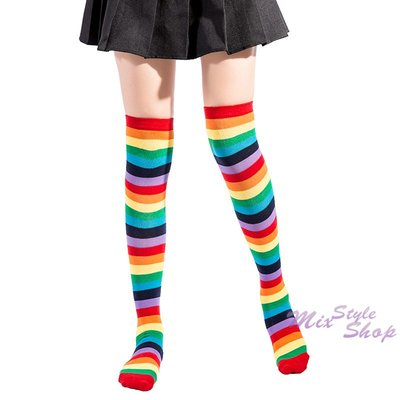 MIX style SHOP【S-475】派對狂歡❤彩虹七色條紋彈性過膝高筒棉襪