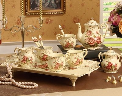 【奇滿來】歐式陶瓷 高檔玫瑰圖樣茶具 英式下午茶餐具 八件組 咖啡廳 庭園下午茶 咖啡杯壺 托盤 新春喬遷送禮 ADDK