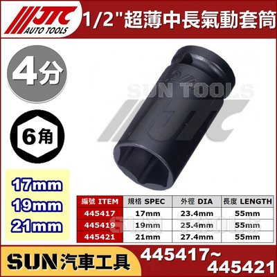 SUN汽車工具 JTC 445417 445419 1/2" 超薄 中長 氣動 套筒 17 19 21 mm 4分 四分