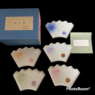日本深川制瓷小盤 扇形盤 彩色小皮球畫片 稀少全品 共5片