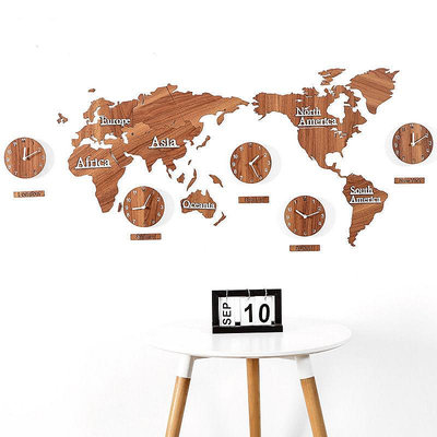 世界地圖時鐘3D立體北歐個性裝飾辦公室客廳房間藝術貼墻木質鐘表
