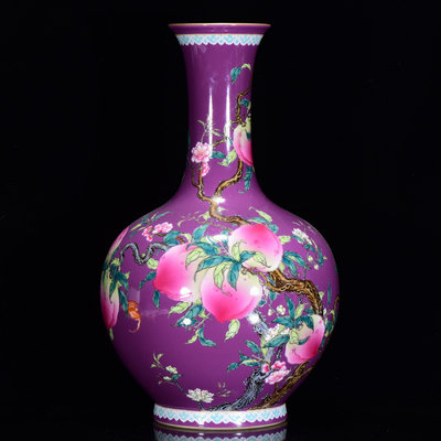 中國古瓷 清乾隆年紫釉粉彩九桃紋尚瓶40*23m32000RT-1634