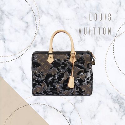 【哈極品】美品 《Louis Vuitton LV 限量款 老花字紋絲絨亮片speedy 30公分波士頓包》M40436