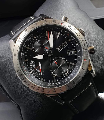 HUGO BOSS Aero 黑色錶盤 黑色皮革錶帶 石英 三眼計時 男士手錶 1513770