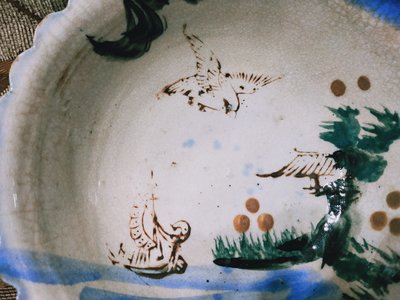 台灣早期手繪老鷹帆船碗公/ 葵花邊有沖痕有嗑傷