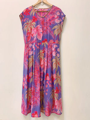 NANA 日本古著 絲質綢緞 熱帶島嶼 小V領 半袖 洋裝 長裙 日式藤紫配粉紅色