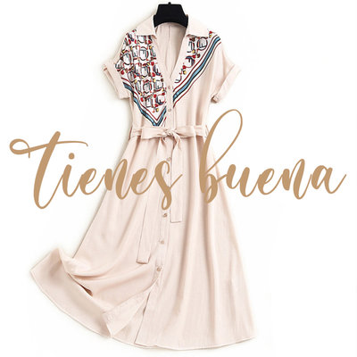 Tienes Buena【原創精品女裝】幾何條紋襯衫領翻袖洋裝 (預購) 歐美平價設計