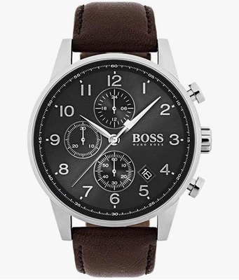 HUGO BOSS Navigator 銀色框 黑色面錶盤 深棕色皮革錶帶 石英 三眼計時 男士手錶 1513494