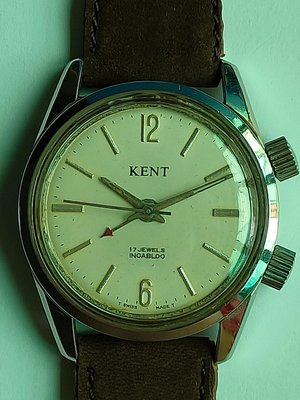 機械手上鏈響鈴錶，瑞士名錶KENT古董錶，機芯非常亮麗，壓克力風防，錶徑34 mm，運作正常