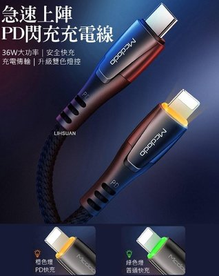[Mcdodo台灣公司貨] Type-C to Lightning iPhone PD 36W智能LED快充線傳輸線 保時系列 120cm 麥多多