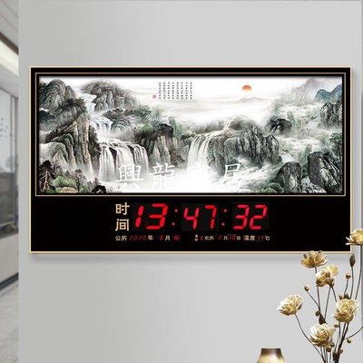 95折免運上新中式萬年歷電子鐘新款山水畫壁掛時鐘客廳掛墻家用數碼掛鐘表