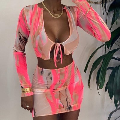sexy mesh see though 2 piece outfits full sleeve crop top