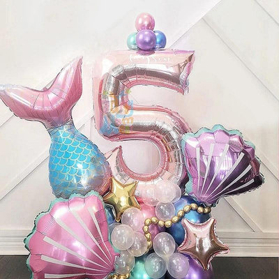 熱銷 33 件/套 美人魚主題 數字氣球束 美人魚尾殼箔氣球 玫瑰金數字氣球  兒童女孩生日派對裝飾用品 可開發票