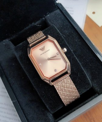 EMPORIO ARMANI 長方形錶盤 玫瑰金色不鏽鋼編織網眼錶帶 石英 女士手錶 AR11347 亞曼尼腕錶