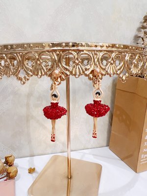 廠家直銷#法國Les Nereides芭蕾舞女孩系列 紅色鉆鑲滿鉆 珍珠耳環耳釘耳夾