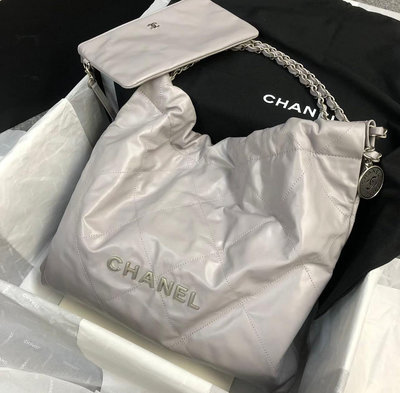 Chanel 22 垃圾袋 全新 現貨 垃圾袋包 中號 灰色 銀鏈 灰銀 淺灰 22bag AS3261 北市可面交 刷卡分期