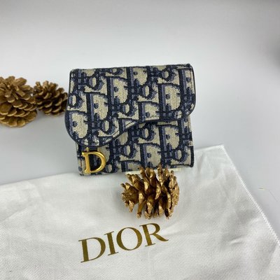 【翰貝格名牌館】全新真品 Dior Oblique 海軍藍 緹花 馬鞍 三折 4卡 拉練 零錢 迷你 短夾