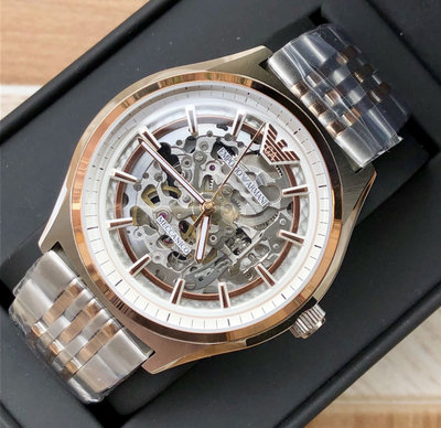 EMPORIO ARMANI Meccanico 鏤空錶盤 銀色配玫瑰金色不鏽鋼錶帶 男士 自動機械錶AR60002（玫瑰金X銀）