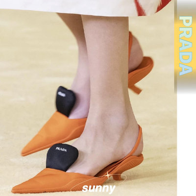 【SUNNY 二手】Prada  普拉達 21新款尼龍女鞋低跟涼鞋三角標尖頭高跟貓跟鞋