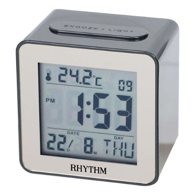 RHYTHM CLOCK 麗聲方型黑殼銀框液晶日期星期貪睡雙鬧鈴溫度冷光鬧鐘 型號：LCT076NR02神梭鐘錶