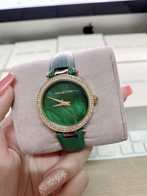 MICHAEL KORS Parker Mini 水鑽圈 綠色珍珠母貝錶盤 綠色皮革錶帶 石英 女士手錶 MK2592