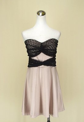 貞新 ASOS 英國品牌 粉裸點點平口露肩網紗緞面洋裝中大尺碼 XL(44號)(75839)
