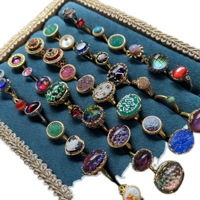 【熱賣下殺】歐洲帶回手工制作中古董老琉璃VINTAGE珍藏款可調鍍金戒