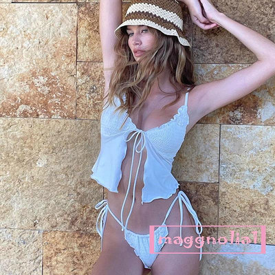 Maggnolia-女士夏季 2PCS 沙灘裝套裝白色無袖褶飾吊帶背心 + 低腰繫帶丁字褲（滿599元）
