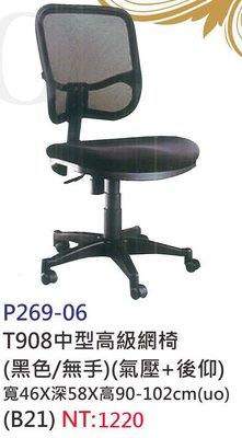 【進日興家具】P269-06 中型高級網椅 辦公椅(黑/無把手/氣壓+後仰)電腦椅 書椅 台南。高雄。屏東 傢俱宅配