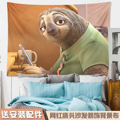 現貨熱銷-瘋狂動物城迪士尼背景布卡通朱迪尼克掛布兒童房間墻布床頭掛毯布