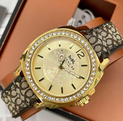 COACH Boyfriend 水鑽圈 香檳金色錶盤 棕色皮革錶帶 石英 女士手錶 14503150