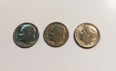 【觀天下‧郵幣天地】AD-102-2 美國老錢幣 ONE DIME 羅斯福總統1970 1974 1983《 三枚一拍》