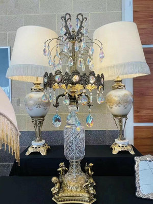 （二手）-1850年左右，德國波西米亞風格水晶玻璃燈，銅鎏金材質，高1 古玩 擺件 老物件【靜心隨緣】2418