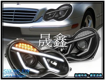《晟鑫》全新 BENZ 賓士 W203 C系列 AMG 導光柱燈眉 LED方向燈 黑底 晶鑽 大燈 魚眼投射