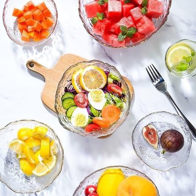 【現貨】日式金邊玻璃碗透明水果盤網紅蔬菜沙拉碗家用創意涼菜碗泡面碗具-維尼創意家居