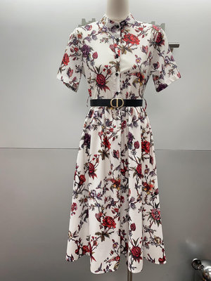 女裝代購#DIOR迪奧24新款短袖連衣裙 花園元素圖案印花修身顯瘦翻領短袖連身裙 配CD字母腰帶