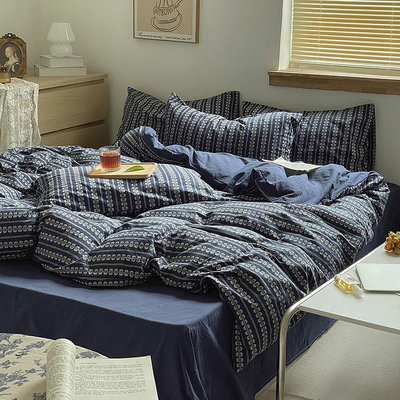 床包日式全棉四件套純棉條紋單雙人床被套提花床單床笠款寢具床上用品