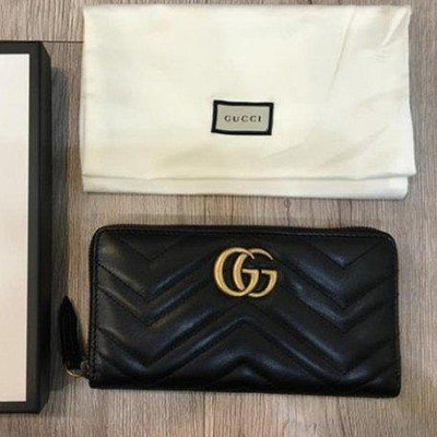 GUCCI 古馳 GG Marmont系列仿舊金色雙 LOGO 長夾 卡夾