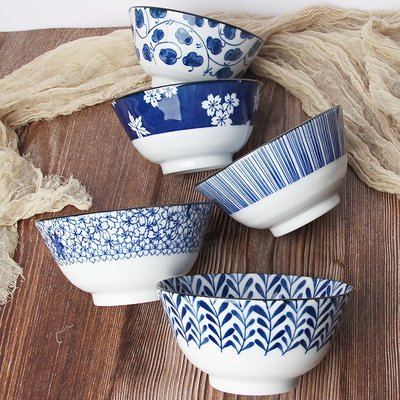 日本和風餐具古染藍繪釉下彩復古碗5寸飯碗單個家用陶瓷碗